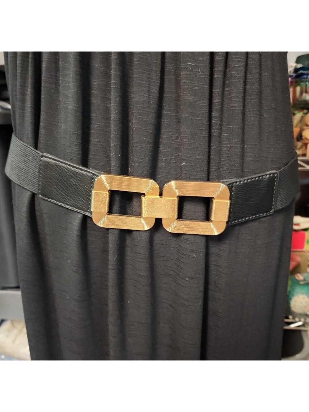 Primark Black Stretch Belt Women's Large Gold Buckle 37" Unstretched